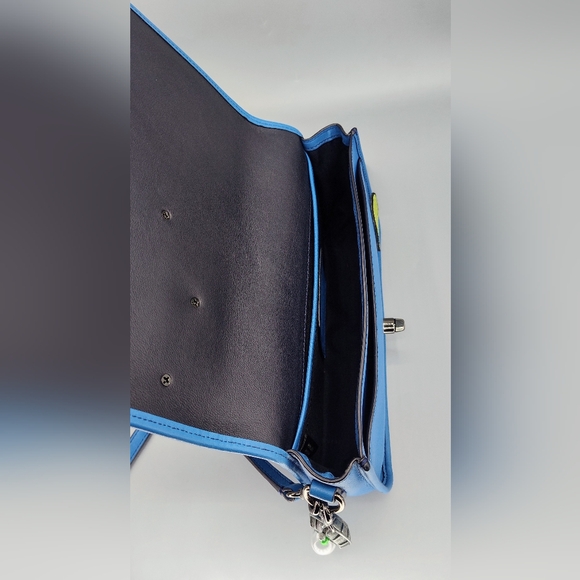 Upcycled Coach glovetanned turnlock crossbody bag w/ Space Patches. Azure Blue - Picture 13 of 14